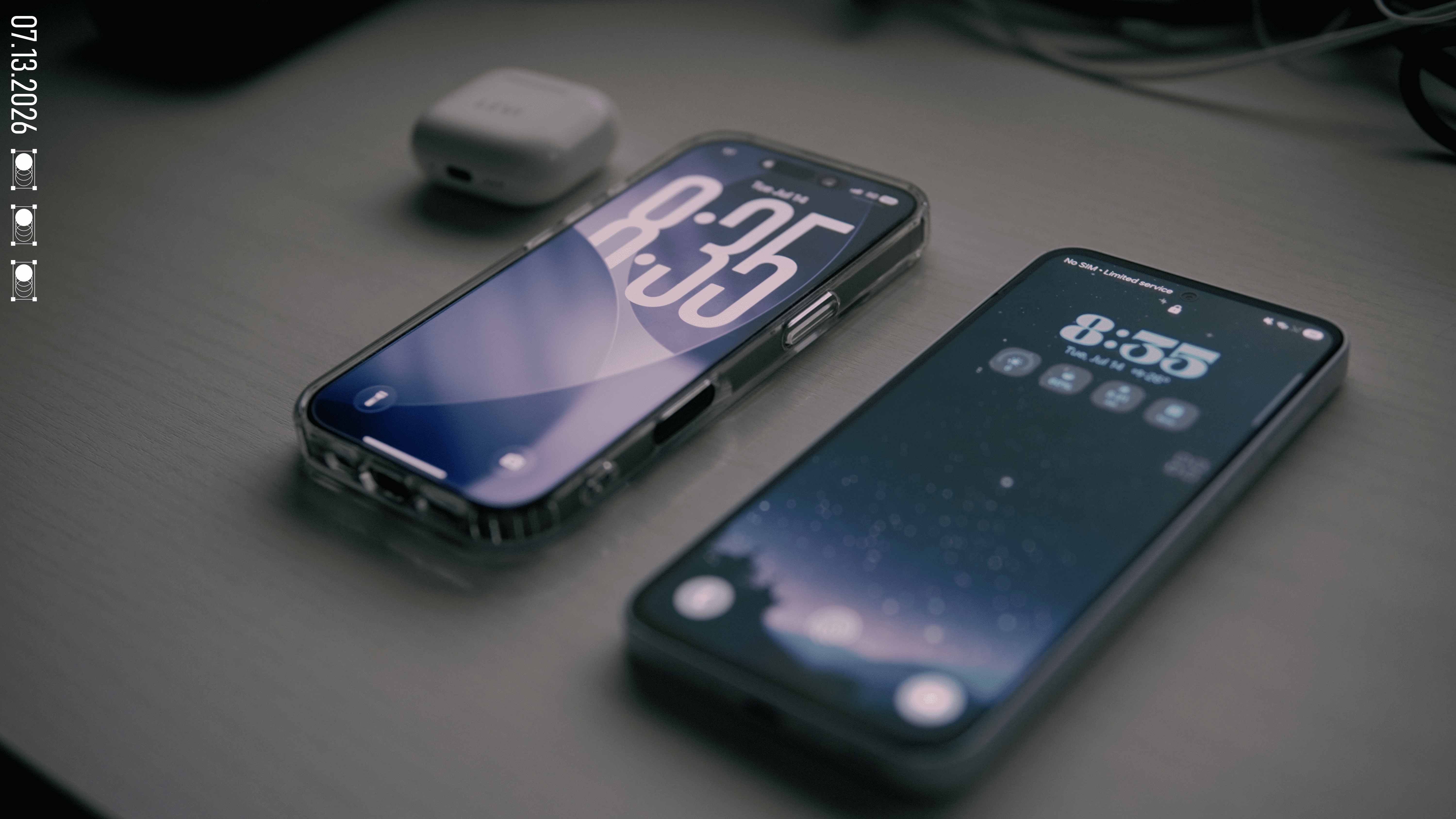 The iPhone 17 and the Android phone side by side, both lock screens reading 8:35